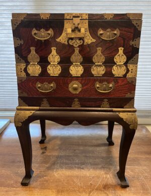 Asian Elm Cabinet on Stand With Ornate Cast Brass Fixtures
