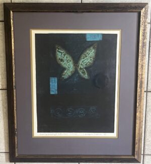 A color woodblock print by Japanese artist Hiroyuki Tajima, framed